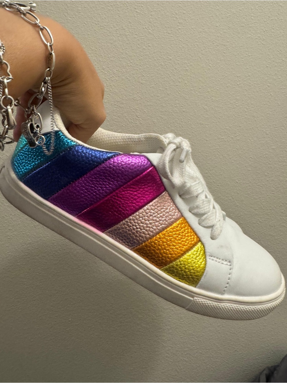 Kurt Geiger White Sneakers with Metallic Rainbow Stripes